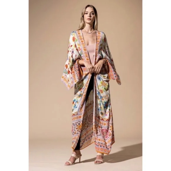Colorful Vibrant Delphi Floral Paisley Open Wrap Duster Kimono Top One Size - Picture 5 of 9